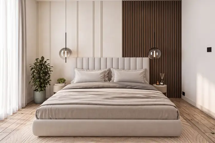 Schlafzimmer mit Polsterbett, Holzlamellen-Wand und hellen Vorhängen