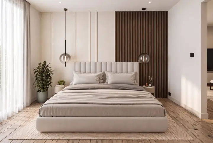 Schlafzimmer mit Polsterbett, Holzlamellen-Wand und Pendelleuchten