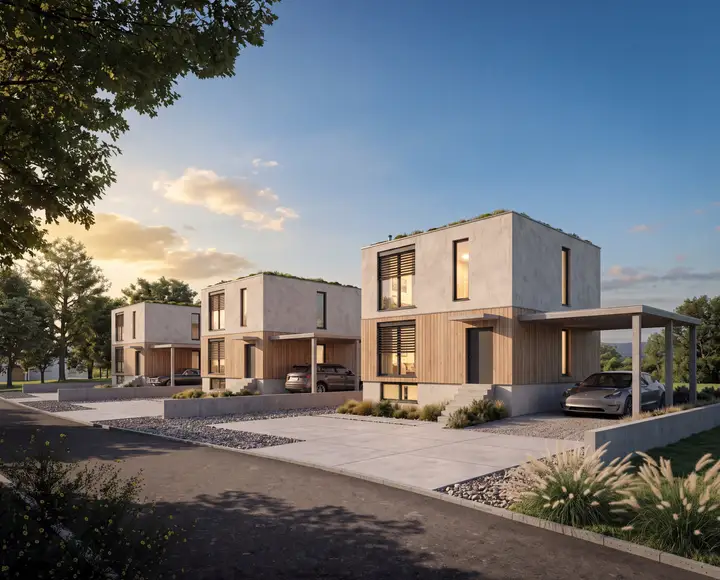 Die drei Wohnhäuser an der Quartierstrasse im Abendlicht, helle Putzfassaden mit Holzverkleidung